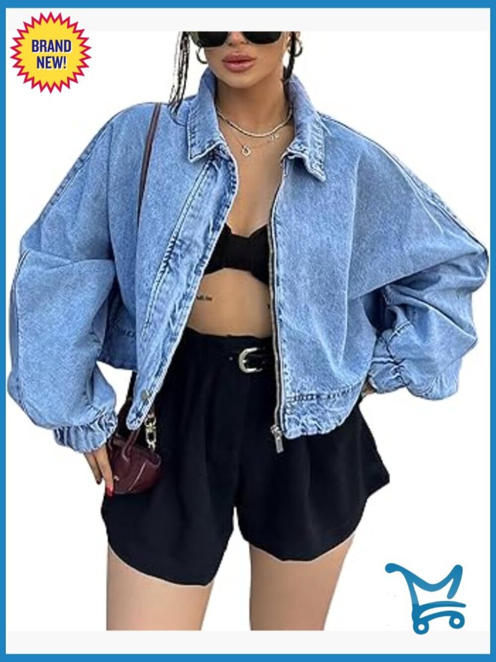 Oversized Cropped Denim Jacket Zip Up Bomber Shacket Jean Jacket for Women